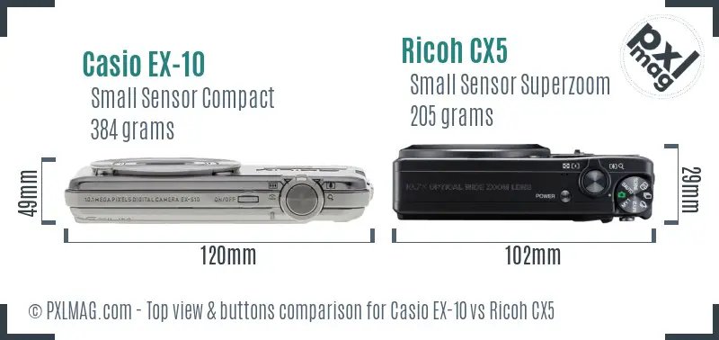 Casio EX-10 vs Ricoh CX5 top view buttons comparison