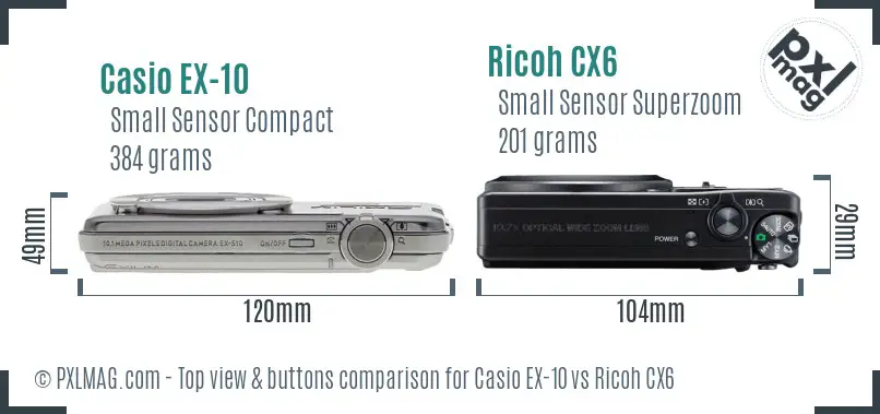 Casio EX-10 vs Ricoh CX6 top view buttons comparison Casio EX-10 vs Ricoh CX6 top view buttons comparison