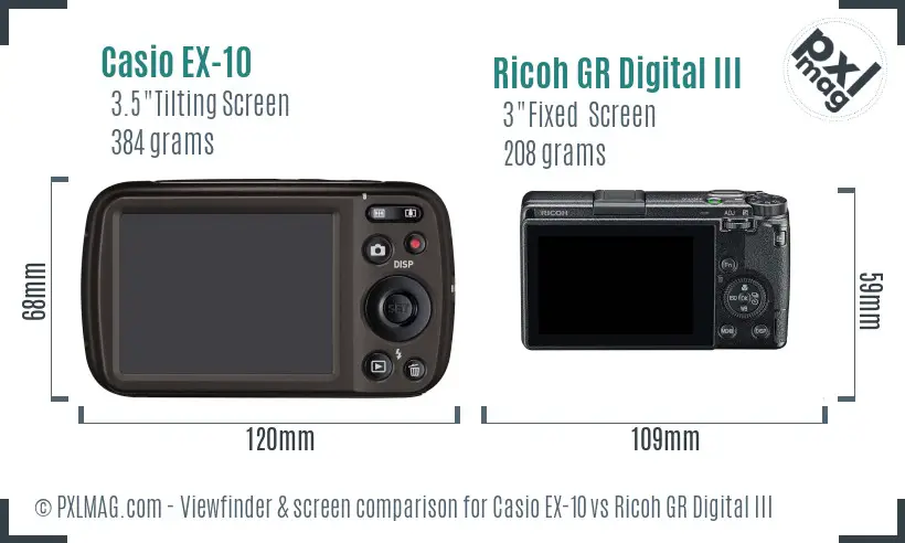 Casio EX-10 vs Ricoh GR Digital III Screen and Viewfinder comparison