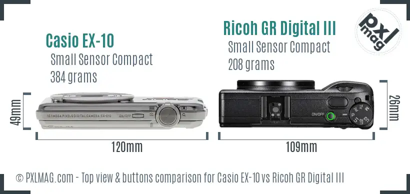 Casio EX-10 vs Ricoh GR Digital III top view buttons comparison