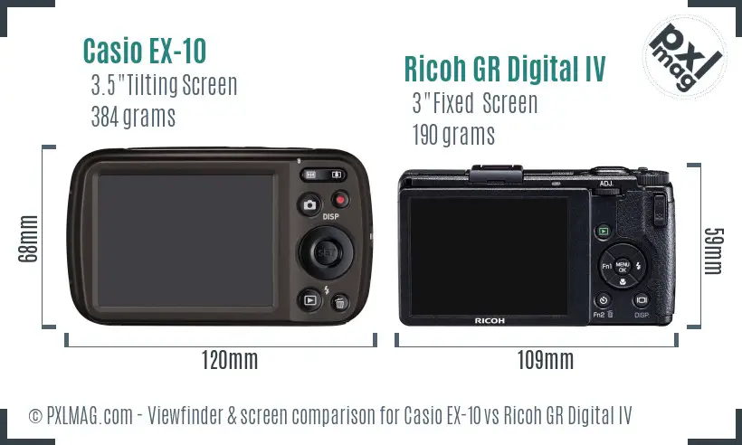 Casio EX-10 vs Ricoh GR Digital IV Screen and Viewfinder comparison