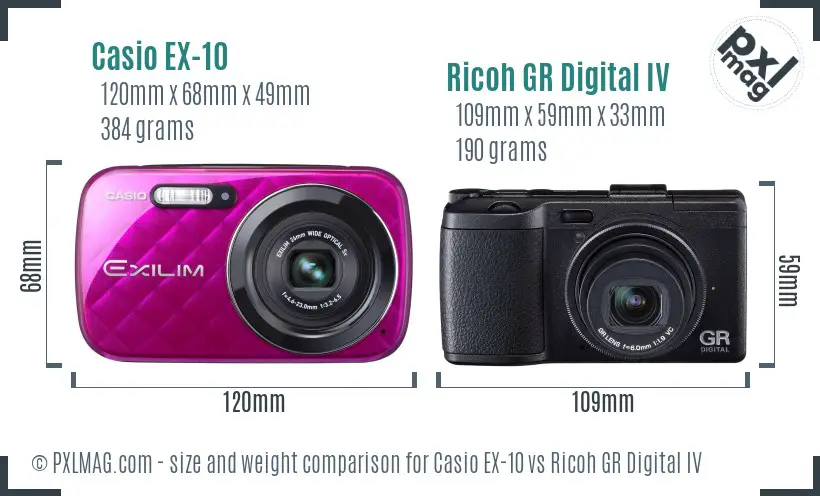 Casio EX-10 vs Ricoh GR Digital IV size comparison
