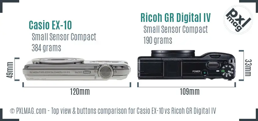 Casio EX-10 vs Ricoh GR Digital IV top view buttons comparison