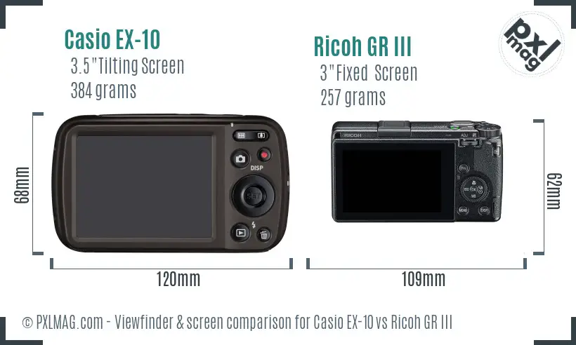 Casio EX-10 vs Ricoh GR III Screen and Viewfinder comparison