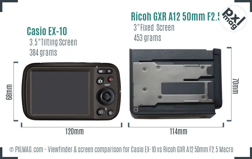 Casio EX-10 vs Ricoh GXR A12 50mm F2.5 Macro Screen and Viewfinder comparison