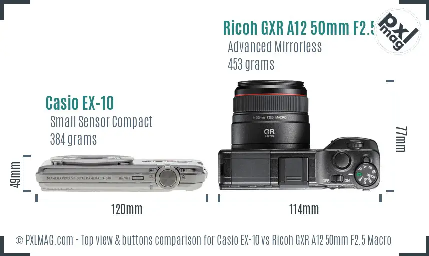 Casio EX-10 vs Ricoh GXR A12 50mm F2.5 Macro top view buttons comparison