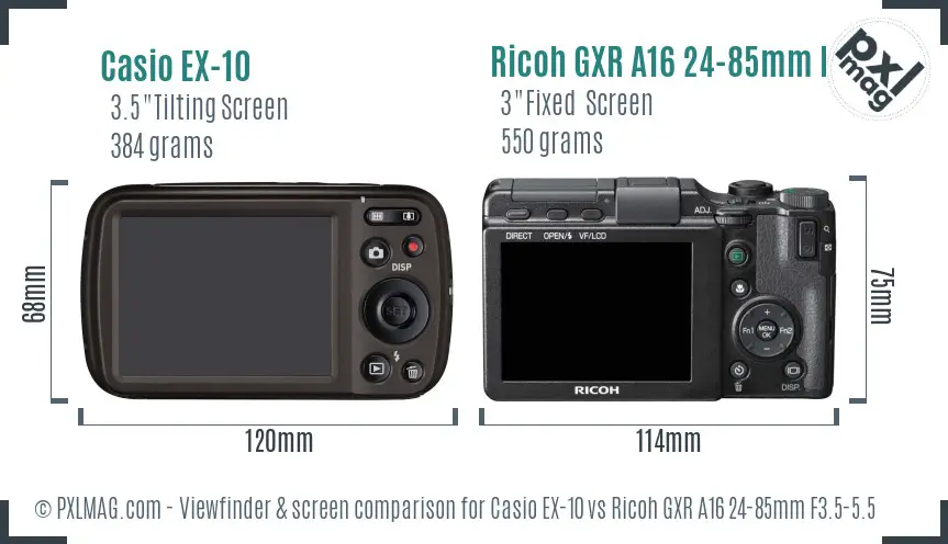 Casio EX-10 vs Ricoh GXR A16 24-85mm F3.5-5.5 Screen and Viewfinder comparison