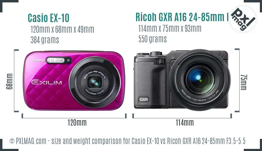 Casio EX-10 vs Ricoh GXR A16 24-85mm F3.5-5.5 size comparison