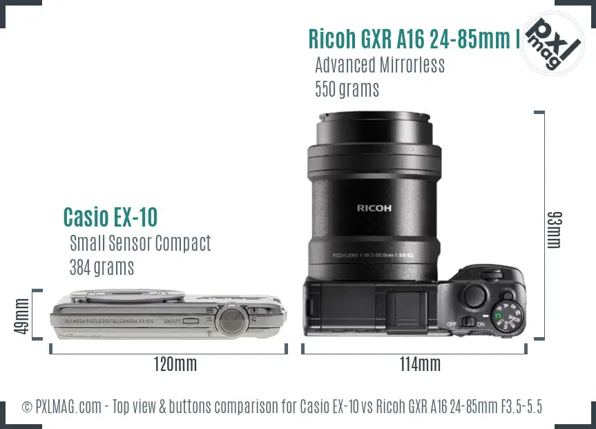 Casio EX-10 vs Ricoh GXR A16 24-85mm F3.5-5.5 top view buttons comparison