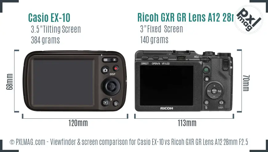 Casio EX-10 vs Ricoh GXR GR Lens A12 28mm F2.5 Screen and Viewfinder comparison