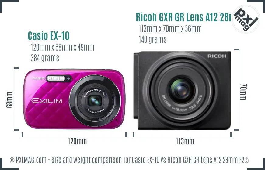 Casio EX-10 vs Ricoh GXR GR Lens A12 28mm F2.5 size comparison