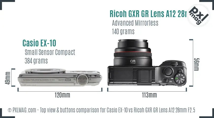 Casio EX-10 vs Ricoh GXR GR Lens A12 28mm F2.5 top view buttons comparison