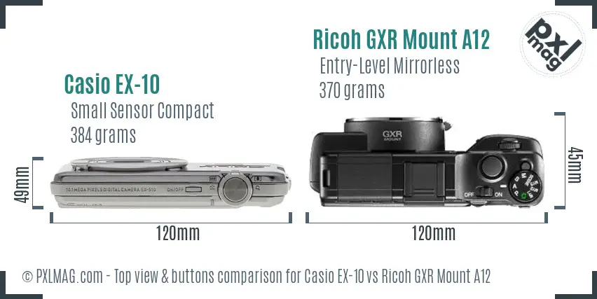 Casio EX-10 vs Ricoh GXR Mount A12 top view buttons comparison