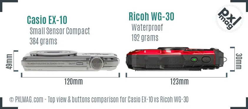 Casio EX-10 vs Ricoh WG-30 top view buttons comparison