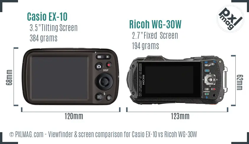 Casio EX-10 vs Ricoh WG-30W Screen and Viewfinder comparison