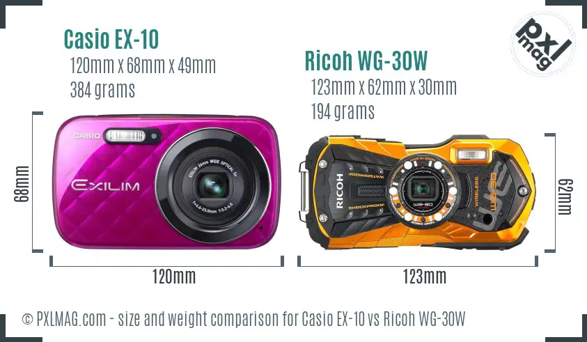 Casio EX-10 vs Ricoh WG-30W size comparison