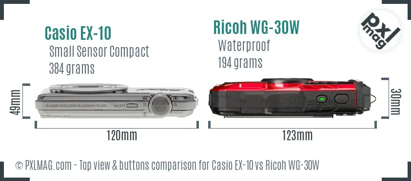 Casio EX-10 vs Ricoh WG-30W top view buttons comparison