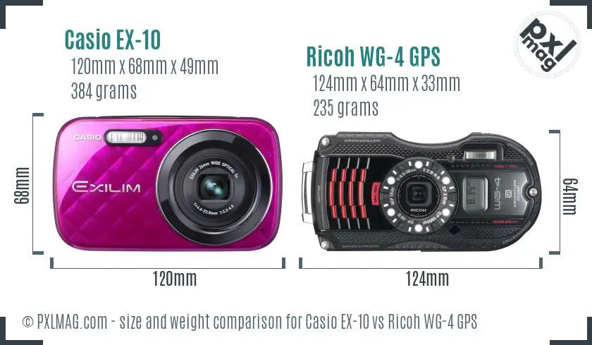 Casio EX-10 vs Ricoh WG-4 GPS size comparison