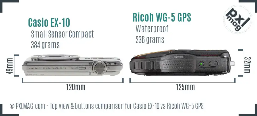 Casio EX-10 vs Ricoh WG-5 GPS top view buttons comparison