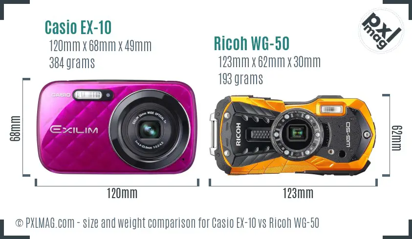 Casio EX-10 vs Ricoh WG-50 size comparison