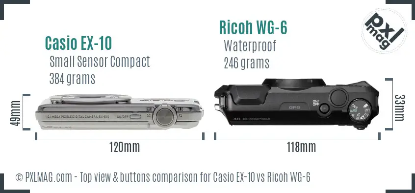 Casio EX-10 vs Ricoh WG-6 top view buttons comparison Casio EX-10 vs Ricoh WG-6 top view buttons comparison