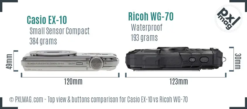 Casio EX-10 vs Ricoh WG-70 top view buttons comparison Casio EX-10 vs Ricoh WG-70 top view buttons comparison