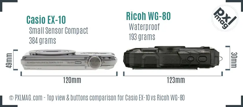 Casio EX-10 vs Ricoh WG-80 top view buttons comparison Casio EX-10 vs Ricoh WG-80 top view buttons comparison