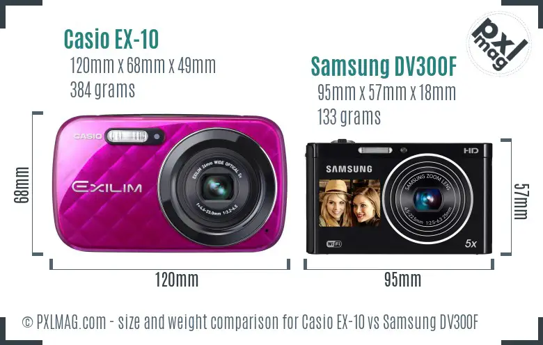 Casio EX-10 vs Samsung DV300F size comparison