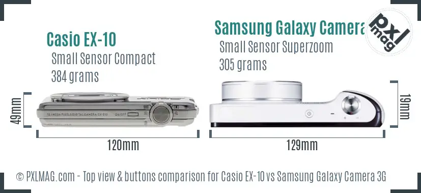 Casio EX-10 vs Samsung Galaxy Camera 3G top view buttons comparison