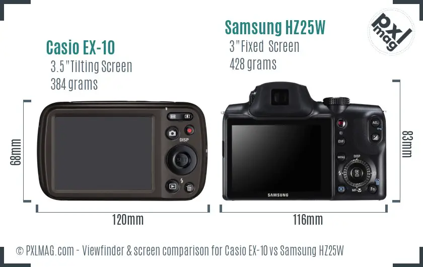 Casio EX-10 vs Samsung HZ25W Screen and Viewfinder comparison