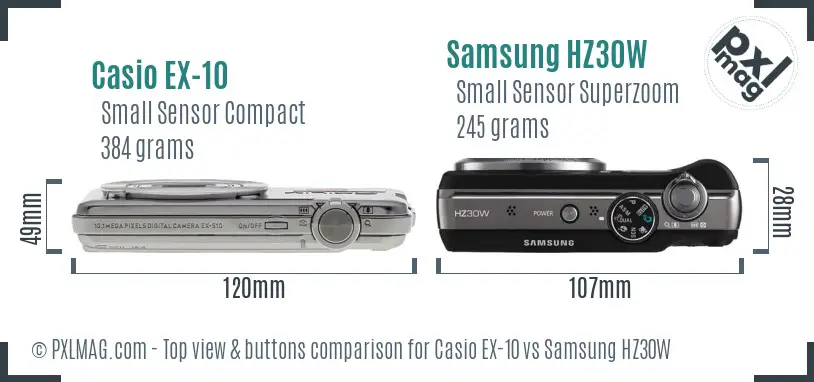 Casio EX-10 vs Samsung HZ30W top view buttons comparison Casio EX-10 vs Samsung HZ30W top view buttons comparison