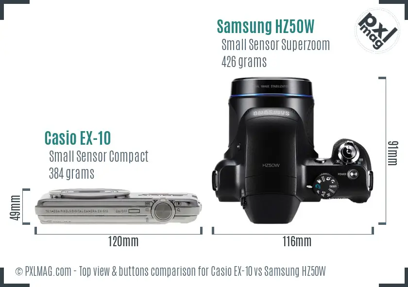 Casio EX-10 vs Samsung HZ50W top view buttons comparison