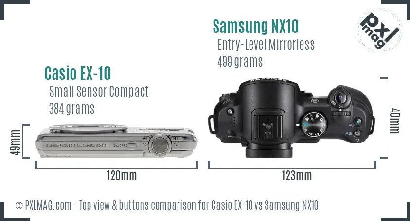 Casio EX-10 vs Samsung NX10 top view buttons comparison Casio EX-10 vs Samsung NX10 top view buttons comparison