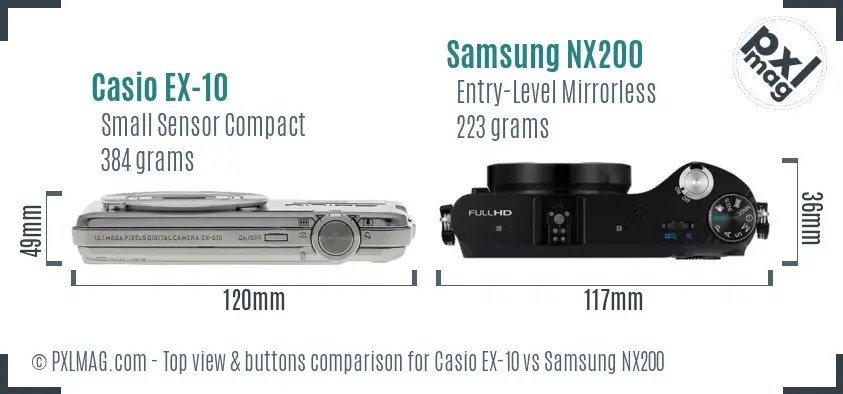 Casio EX-10 vs Samsung NX200 top view buttons comparison Casio EX-10 vs Samsung NX200 top view buttons comparison