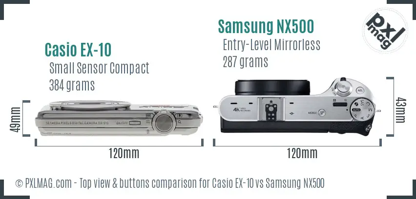 Casio EX-10 vs Samsung NX500 top view buttons comparison