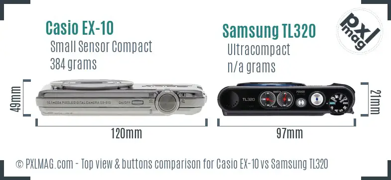 Casio EX-10 vs Samsung TL320 top view buttons comparison Casio EX-10 vs Samsung TL320 top view buttons comparison