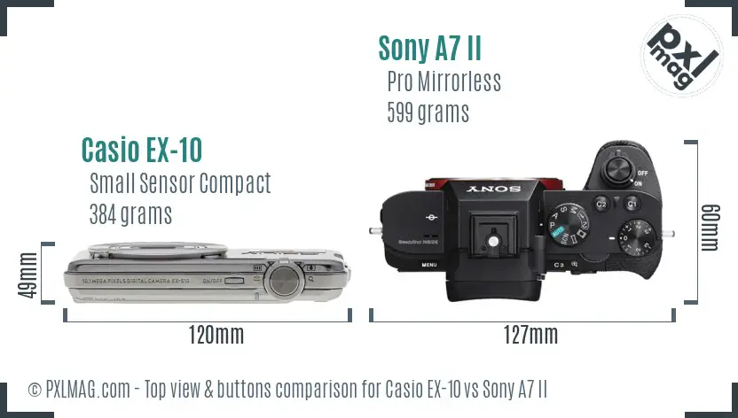 Casio EX-10 vs Sony A7 II top view buttons comparison