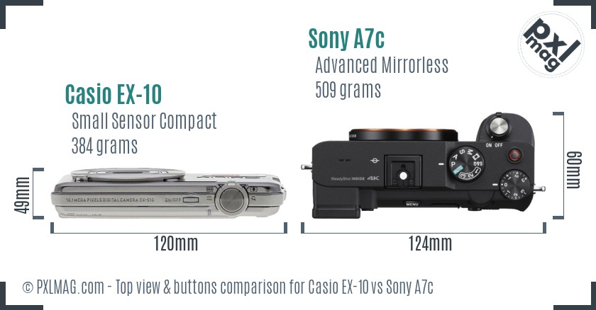 Casio EX-10 vs Sony A7c top view buttons comparison