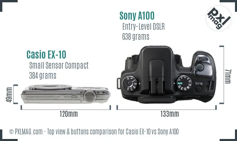 Casio EX-10 vs Sony A100 top view buttons comparison Casio EX-10 vs Sony A100 top view buttons comparison