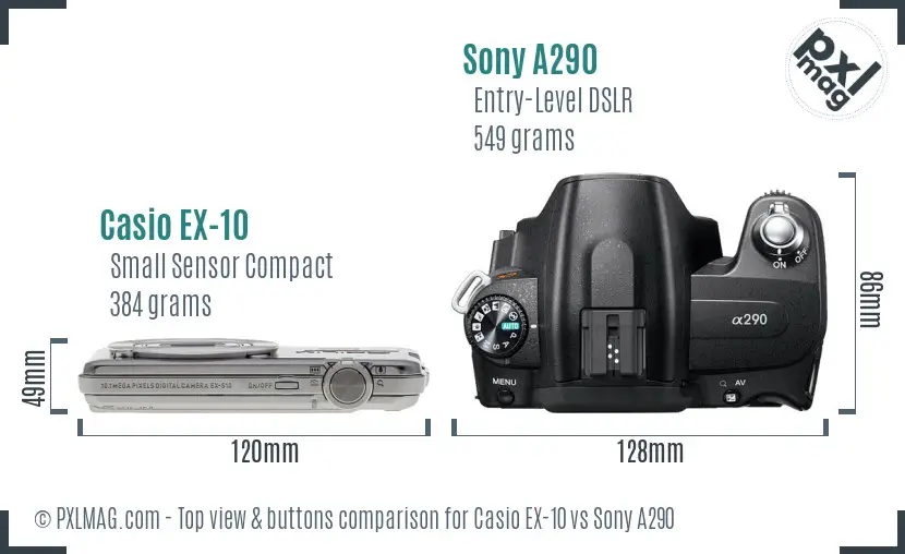 Casio EX-10 vs Sony A290 top view buttons comparison Casio EX-10 vs Sony A290 top view buttons comparison
