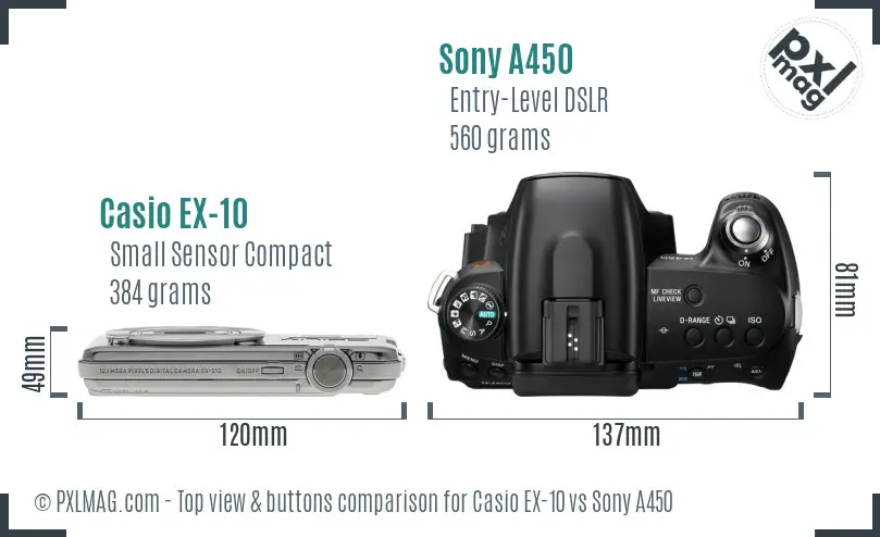 Casio EX-10 vs Sony A450 top view buttons comparison Casio EX-10 vs Sony A450 top view buttons comparison