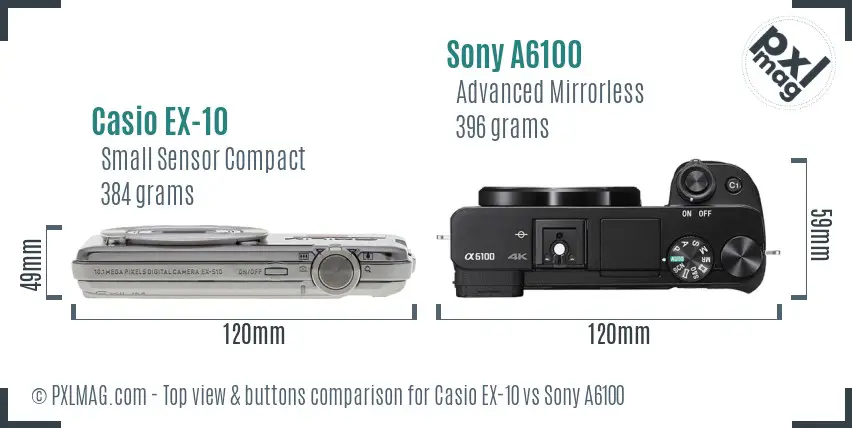 Casio EX-10 vs Sony A6100 top view buttons comparison Casio EX-10 vs Sony A6100 top view buttons comparison