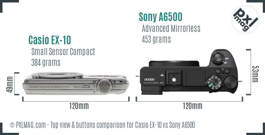 Casio EX-10 vs Sony A6500 top view buttons comparison Casio EX-10 vs Sony A6500 top view buttons comparison