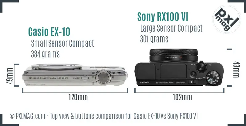 Casio EX-10 vs Sony RX100 VI top view buttons comparison