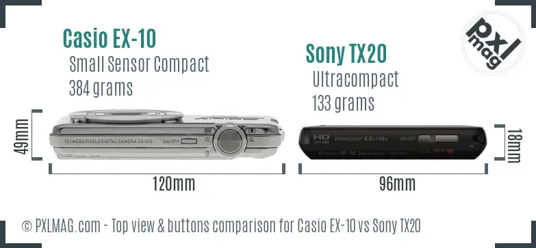 Casio EX-10 vs Sony TX20 top view buttons comparison Casio EX-10 vs Sony TX20 top view buttons comparison