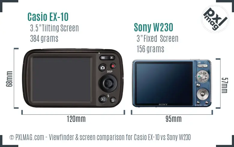 Casio EX-10 vs Sony W230 Screen and Viewfinder comparison