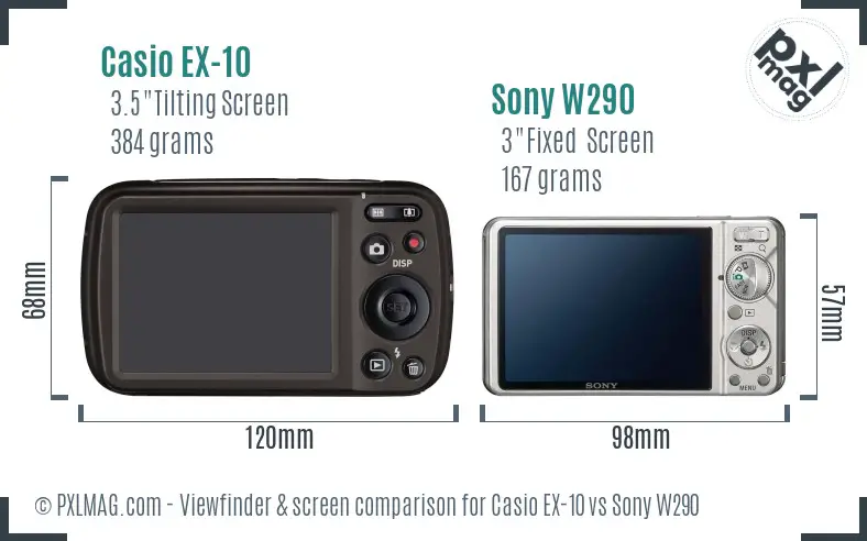 Casio EX-10 vs Sony W290 Screen and Viewfinder comparison
