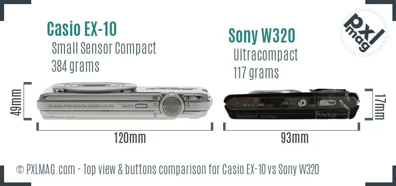 Casio EX-10 vs Sony W320 top view buttons comparison