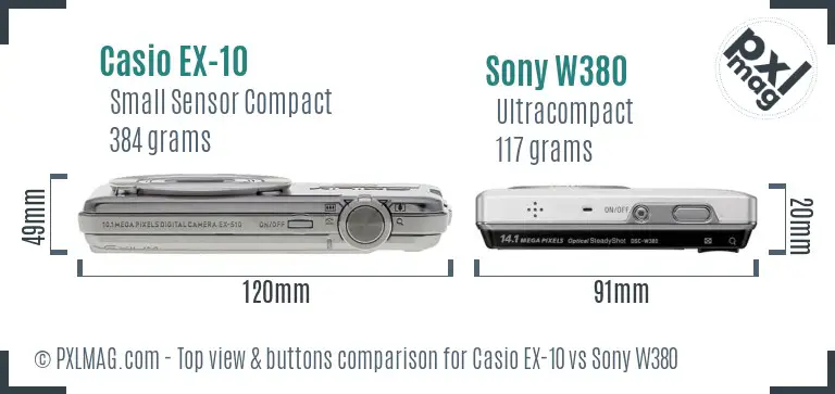 Casio EX-10 vs Sony W380 top view buttons comparison Casio EX-10 vs Sony W380 top view buttons comparison