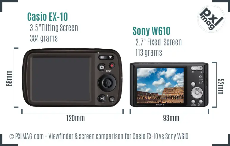 Casio EX-10 vs Sony W610 Screen and Viewfinder comparison